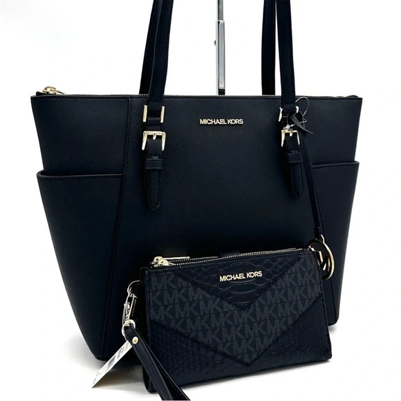 Michael Kors Large Charlotte Tote Bag & Large Double Zip Wallet Black